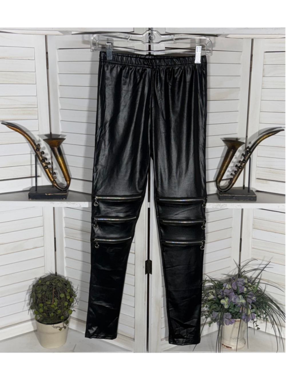 NWOT black faux leather leggings stretchy goth whimsigoth punk Alt zippers decor